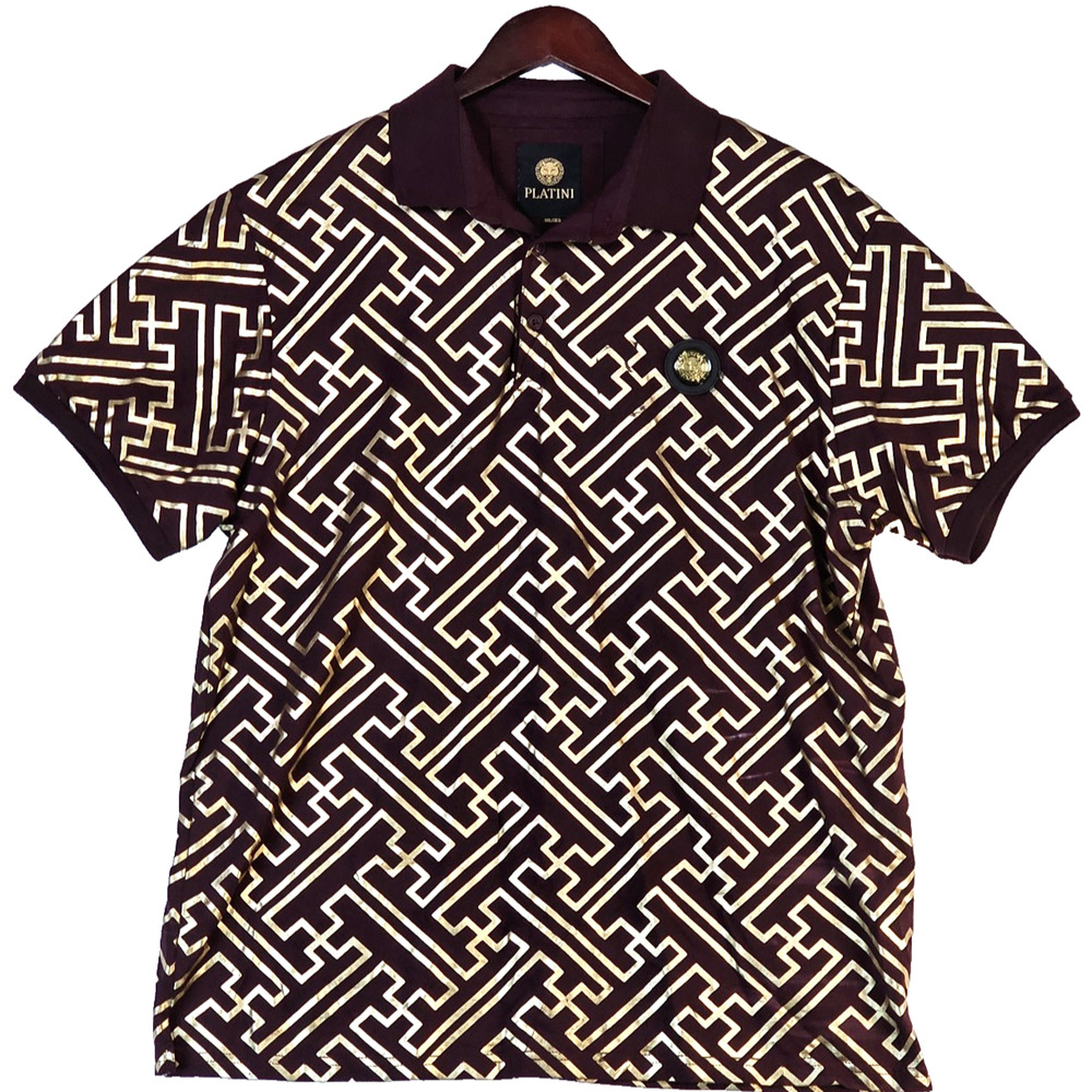 Platini Mens Polo Shirt Burgundy Plum Purple Gold Geometric Lion Logo Cotton 3XL